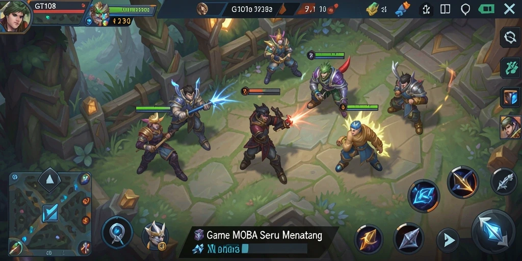 Tangkapan layar gameplay GT108 yang menunjukkan pertarungan seru di arena MOBA.