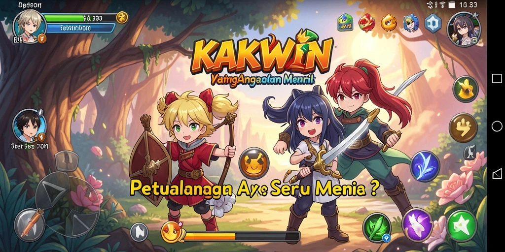 Tangkapan layar utama KAKWIN menampilkan aksi permainan yang seru dan karakter anime.