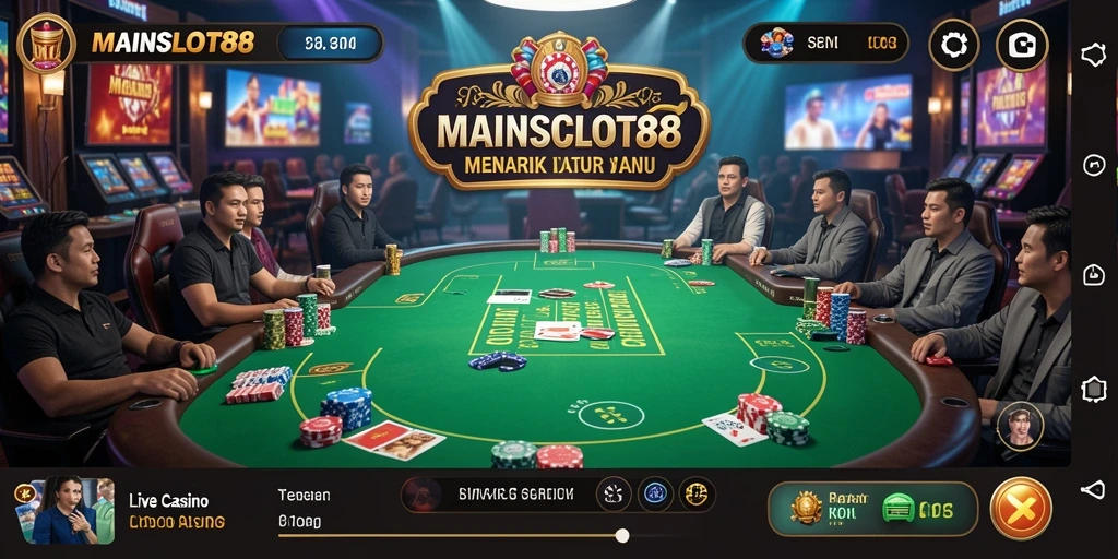 Tangkapan layar gameplay Live Casino MAINSLOT88 yang menampilkan dealer dan suasana kasino.