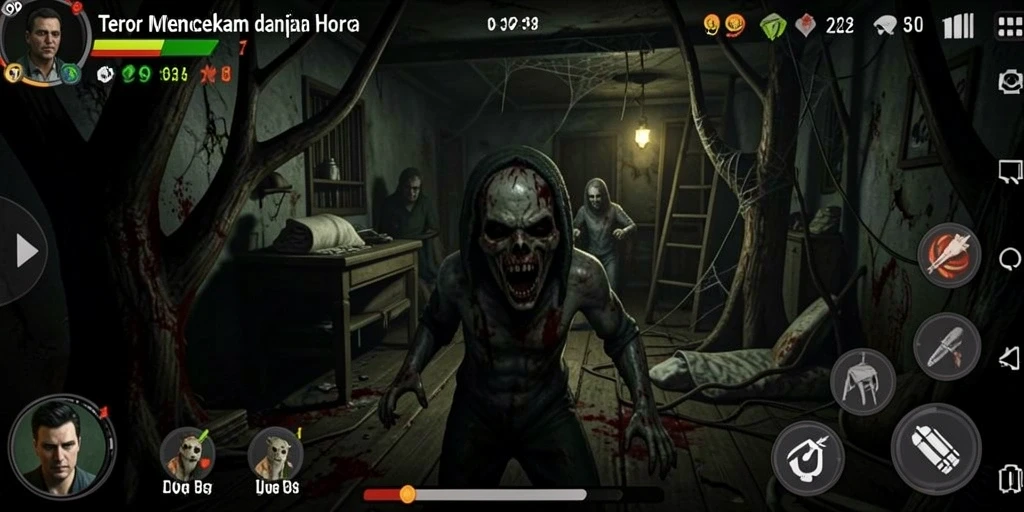 Screenshot OVO99 menampilkan gameplay yang mencekam dengan efek suara menakutkan.